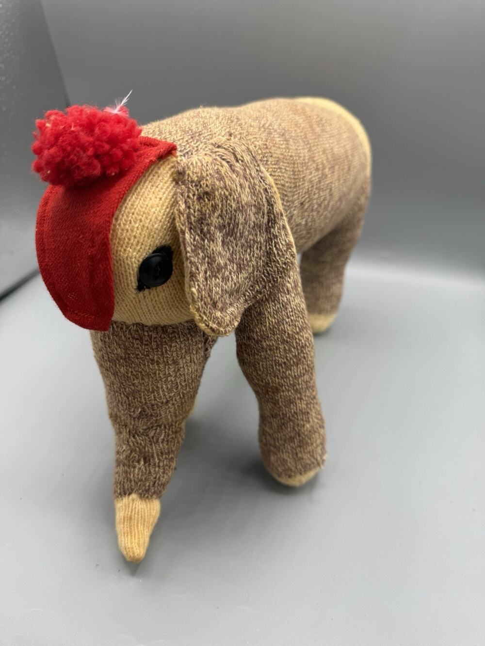 Vintage Handmade Sock Elephant Plush Brown Red Hat Folk Art Stuffed Animal